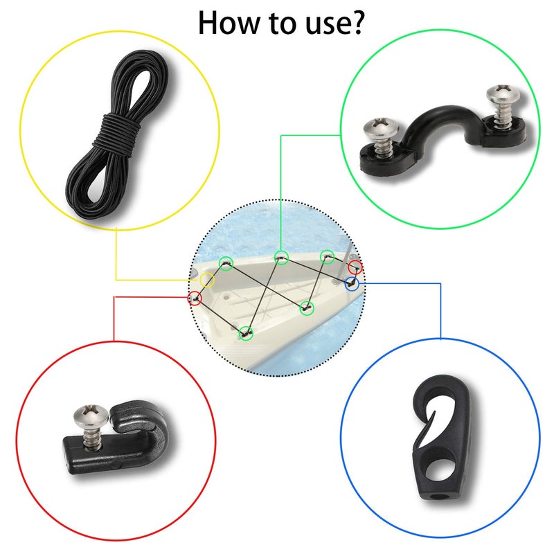 PERCARE Premium Kayak Bungee Cord Deck Rigging Kit 8 Feet Black with Screws and 2 J-Hooks, Boat Canoe Accessory Outfitting Fishing Storage Bungee Kit Tie Down Pad Eye with Screw and Lashing Hook - Image 1